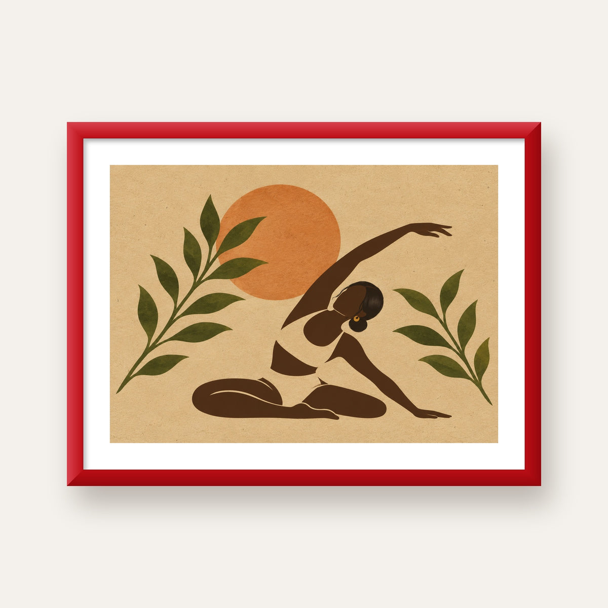 Toprak Akışı Yoga Pozu Poster — kırmızı çerçeveli paspartulu