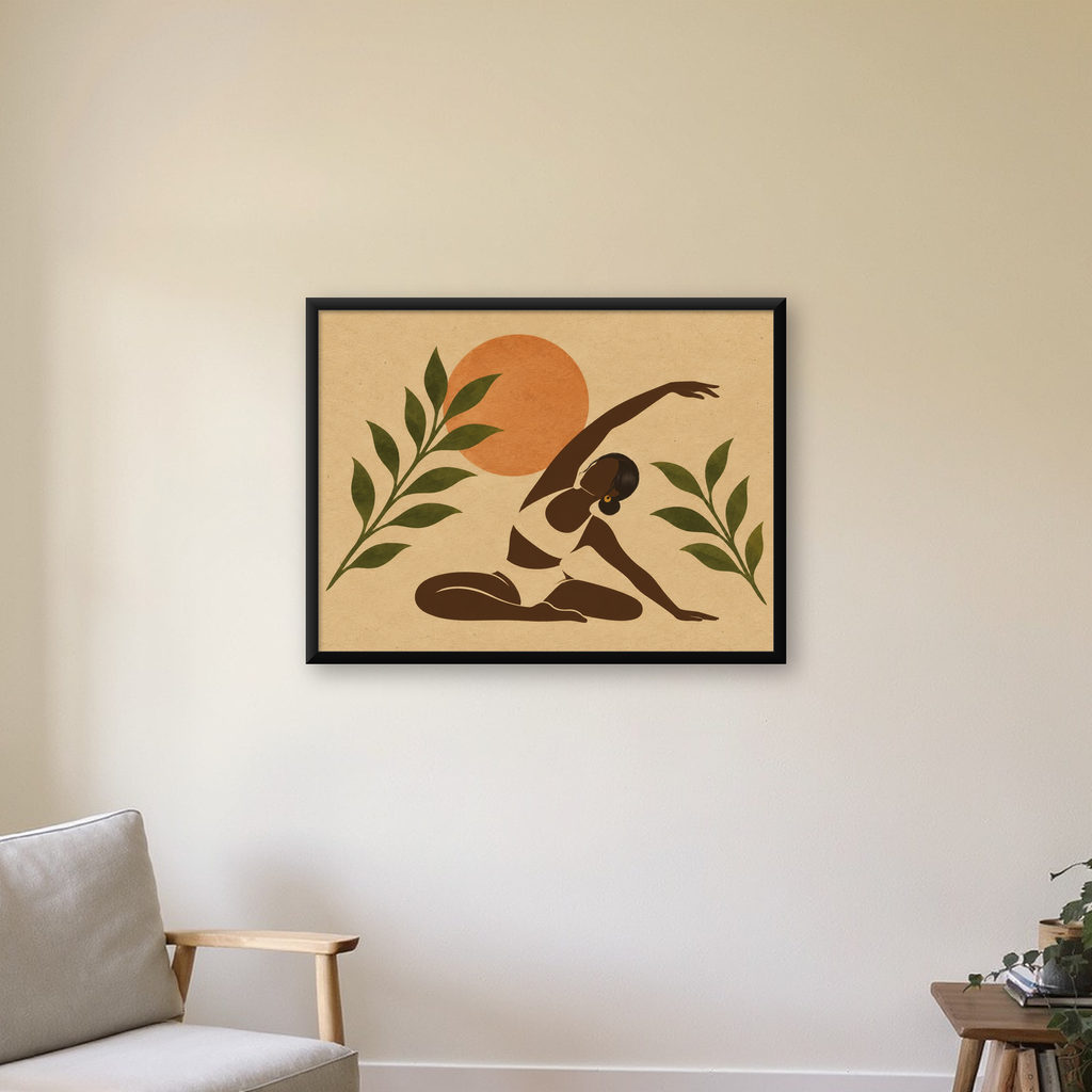 Yoga Yapan Kadın ve Doğa Minimalist Poster, Modern Dekor — Yatay baskı, çerçeveli hâliyle bir ev duvarında