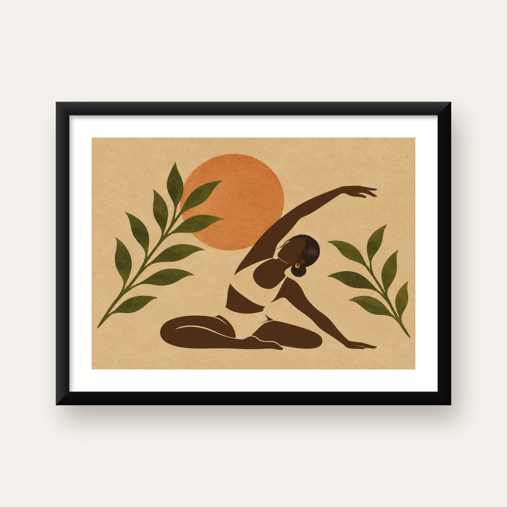 Yoga Yapan Kadın ve Doğa Minimalist Poster, Modern Dekor — Yatay baskı, beyaz kenar boşluklu