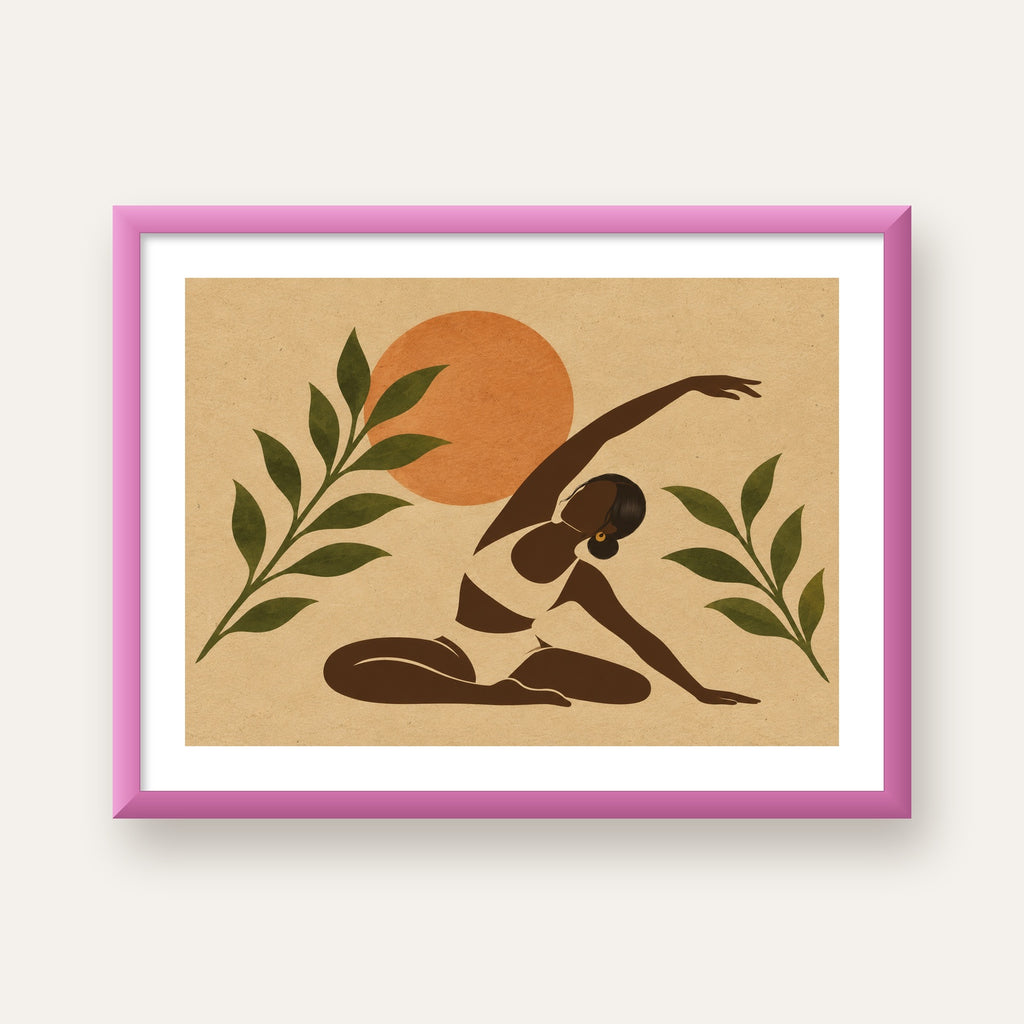 Toprak Akışı Yoga Pozu Poster — pembe çerçeveli paspartulu
