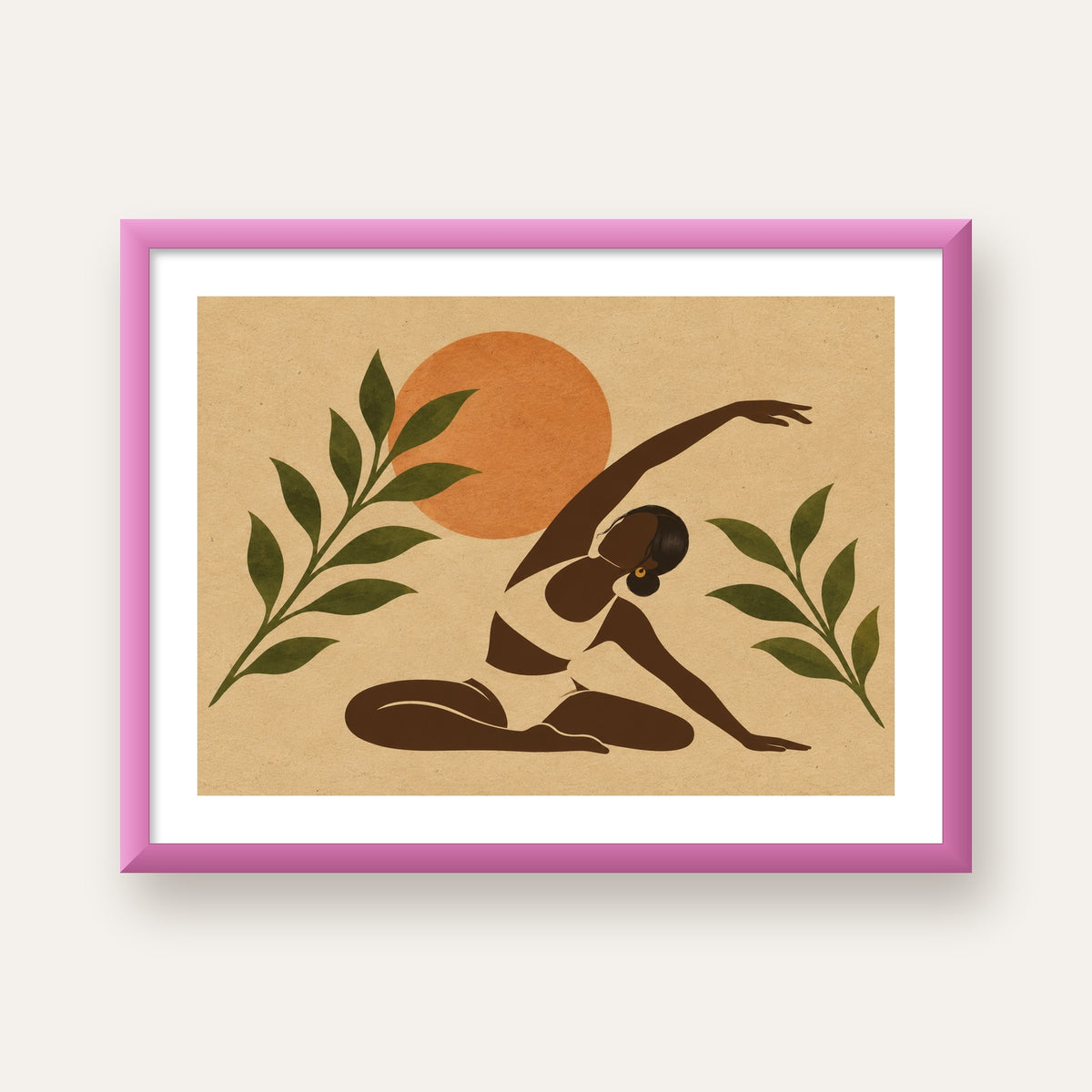 Toprak Akışı Yoga Pozu Poster — pembe çerçeveli paspartulu