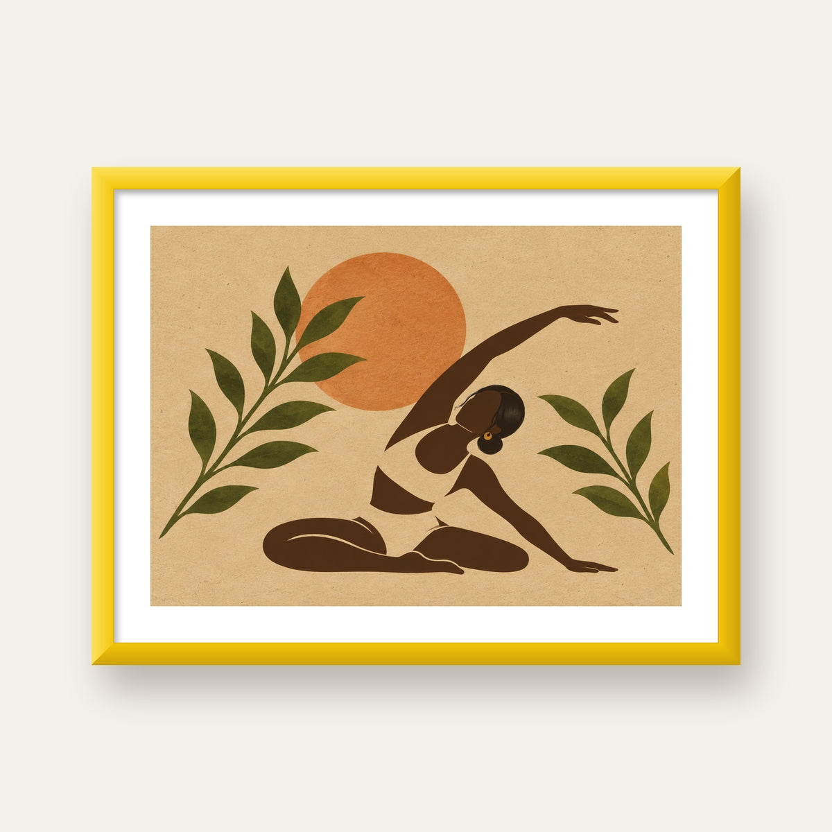 Toprak Akışı Yoga Pozu Poster — sarı çerçeveli paspartulu