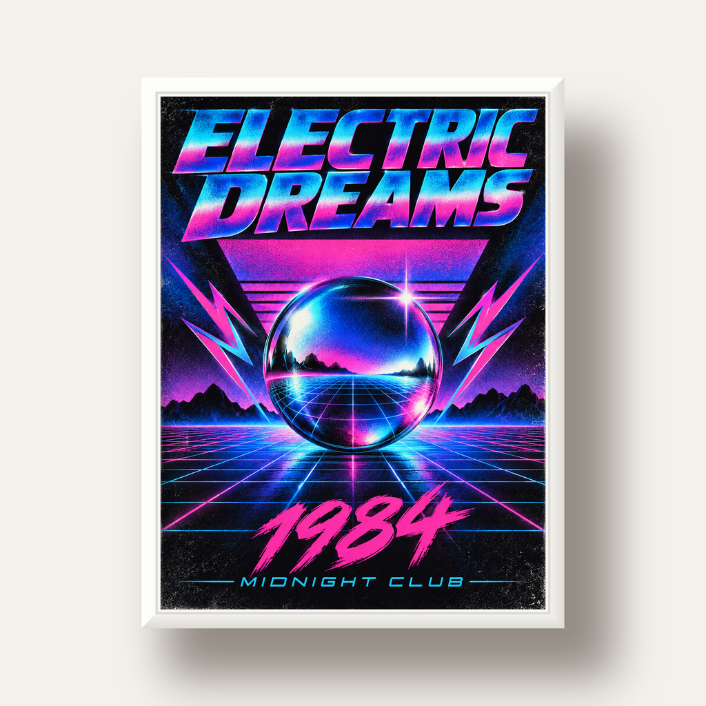 Retro Fütüristik Synthwave Afişi – Electric Dreams 1984 — beyaz derin çerçeveli