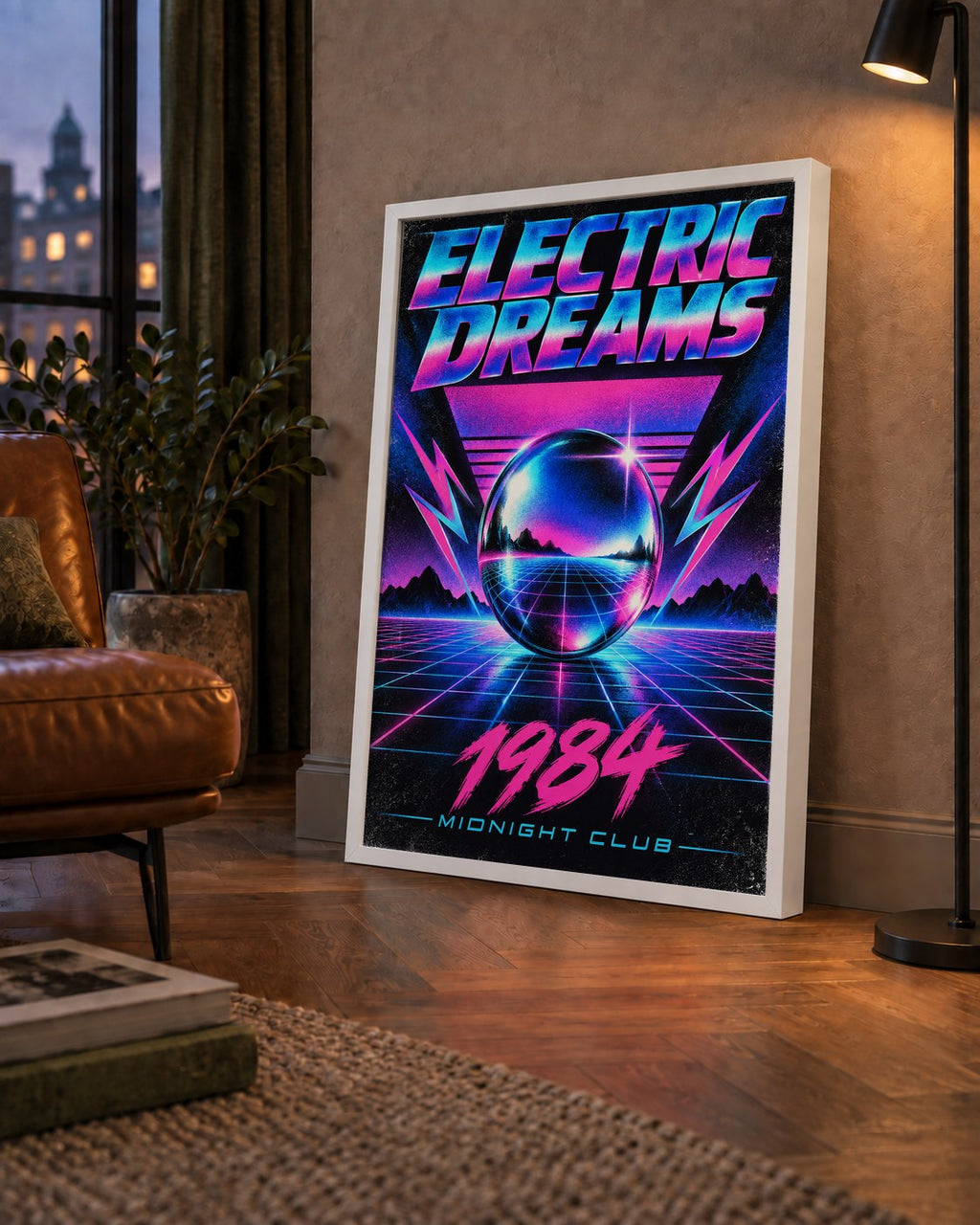 Retro Fütüristik Synthwave Afişi – Electric Dreams 1984 — çerçeveli hâliyle bir ev duvarında