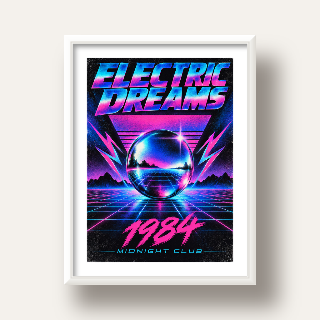Retro Fütüristik Synthwave Afişi – Electric Dreams 1984 — beyaz derin çerçeveli paspartulu