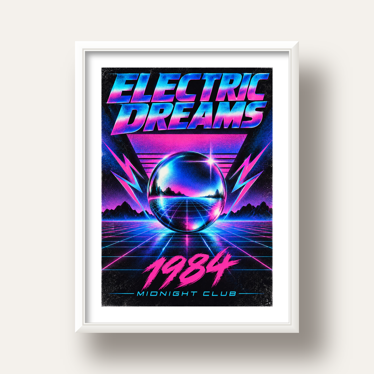 Retro Fütüristik Synthwave Afişi – Electric Dreams 1984 — beyaz derin çerçeveli paspartulu