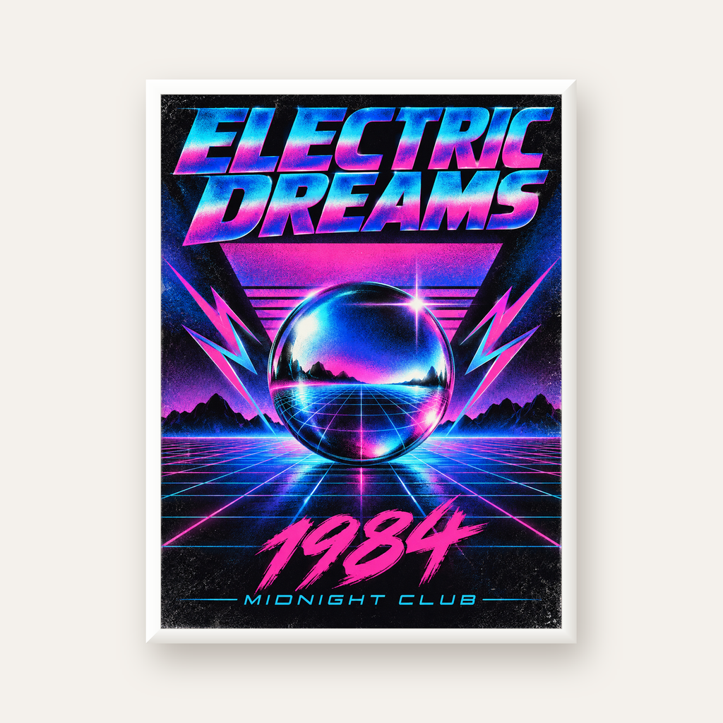 Retro Fütüristik Synthwave Afişi – Electric Dreams 1984 — beyaz çerçeveli dikey poster