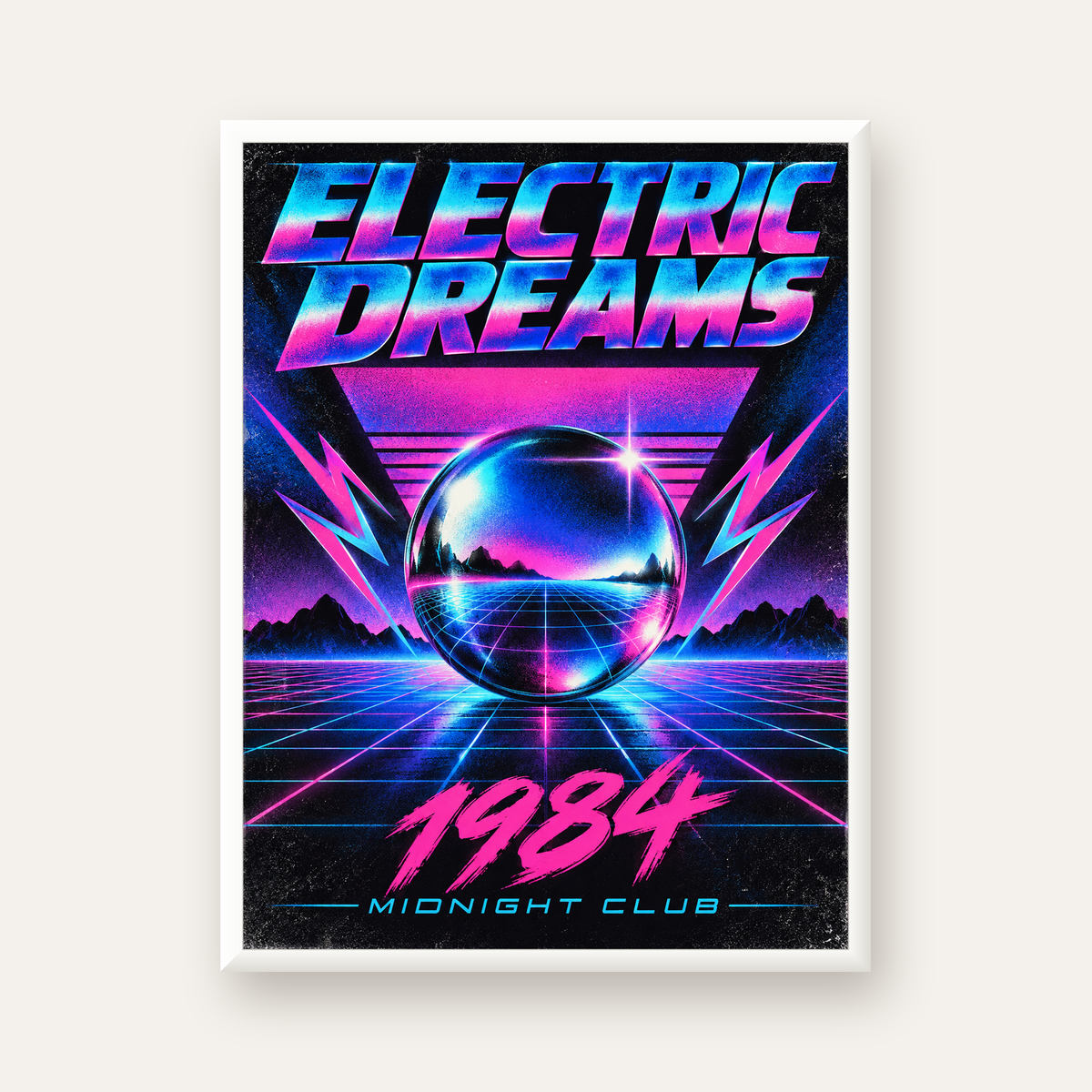 Retro Fütüristik Synthwave Afişi – Electric Dreams 1984 — beyaz çerçeveli dikey poster