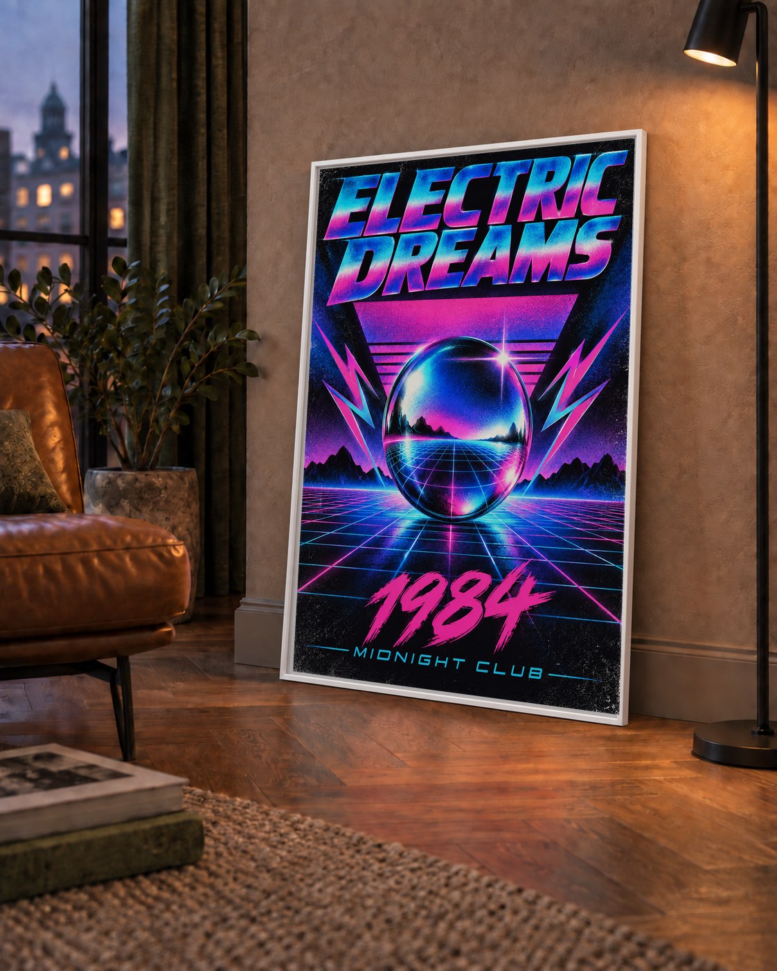 Retro Fütüristik Synthwave Afişi – Electric Dreams 1984 — çerçeveli hâliyle bir ev duvarında