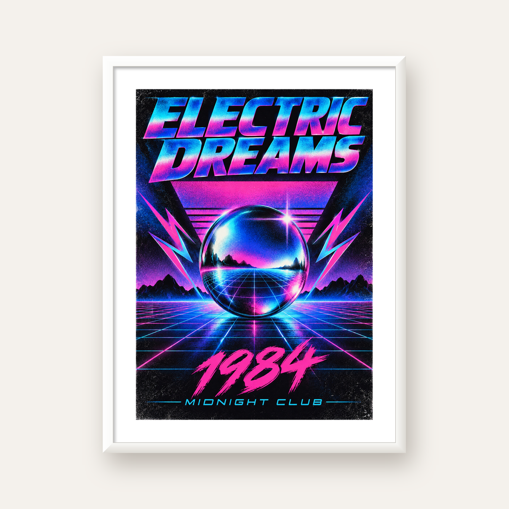 Retro Fütüristik Synthwave Afişi – Electric Dreams 1984 — beyaz çerçeveli dikey poster
