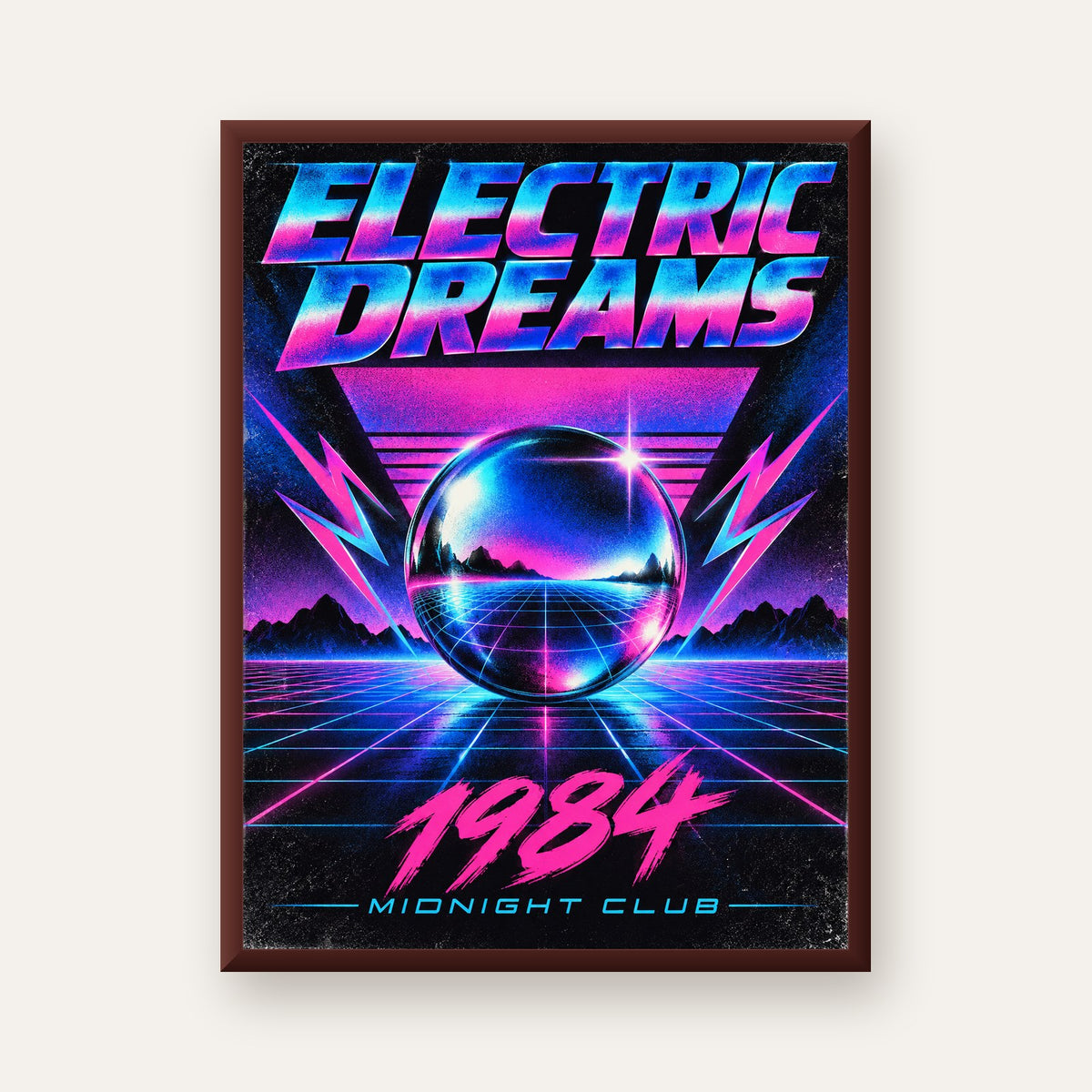 Retro Fütüristik Synthwave Afişi – Electric Dreams 1984 — ceviz çerçeveli