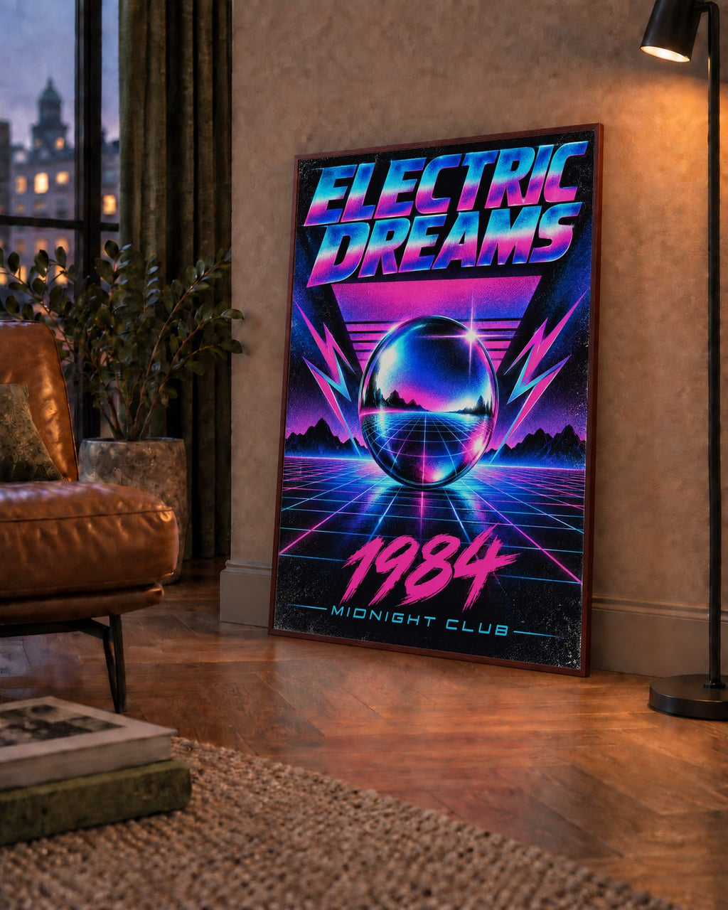 Retro Fütüristik Synthwave Afişi – Electric Dreams 1984 — çerçeveli hâliyle bir ev duvarında