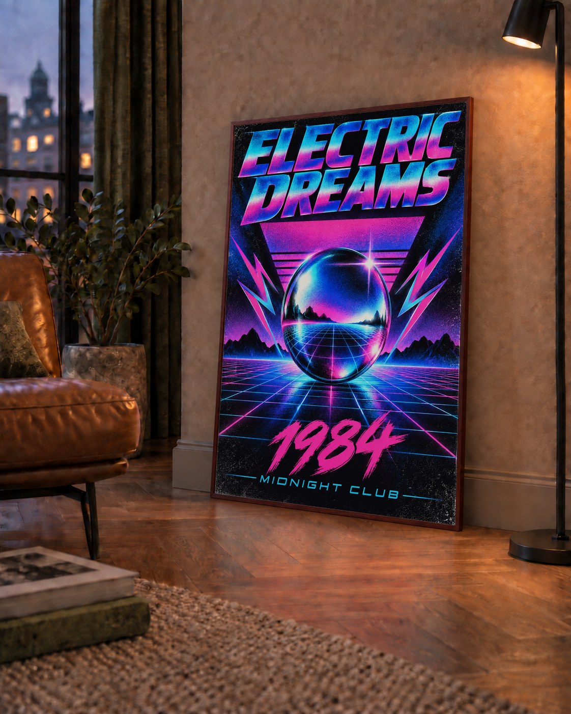 Retro Fütüristik Synthwave Afişi – Electric Dreams 1984 — çerçeveli hâliyle bir ev duvarında