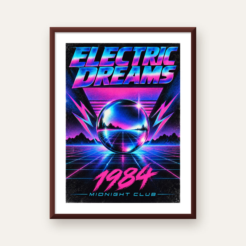 Retro Fütüristik Synthwave Afişi – Electric Dreams 1984 — ceviz çerçeveli paspartulu