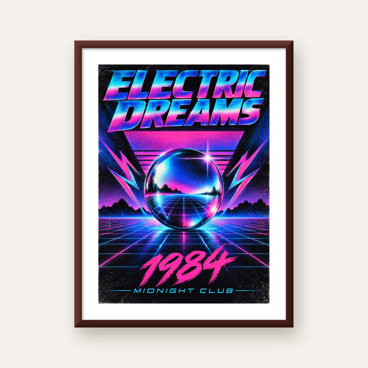 Retro Fütüristik Synthwave Afişi – Electric Dreams 1984 — ceviz çerçeveli paspartulu
