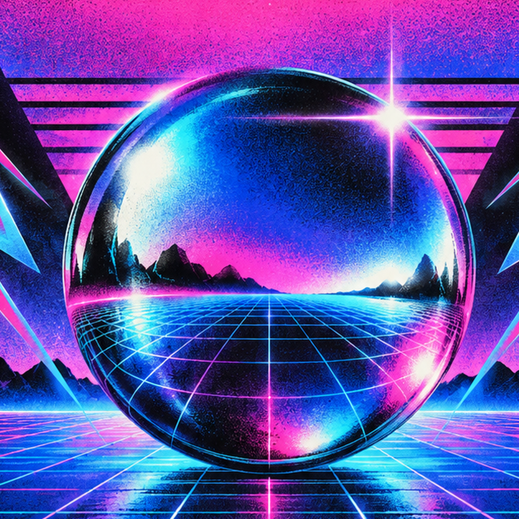 Retro Fütüristik Synthwave Afişi – Electric Dreams 1984 — baskının yakın çekimi, kâğıt dokusu ve renk detayı