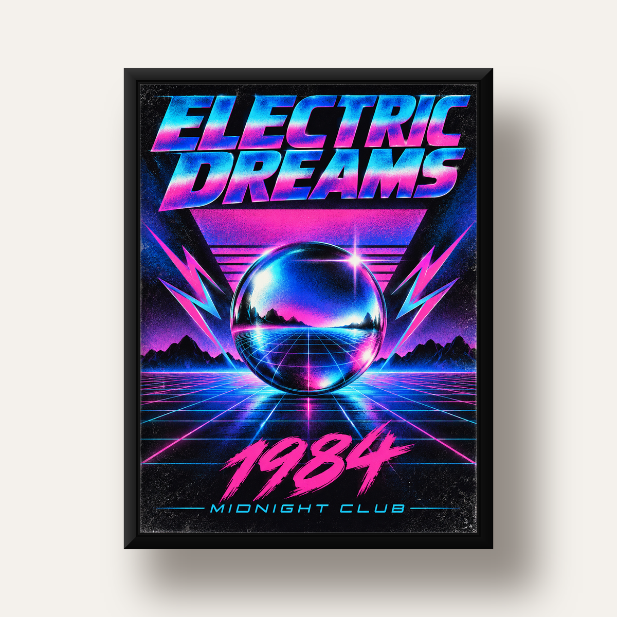 Retro Fütüristik Synthwave Afişi – Electric Dreams 1984 — siyah derin çerçeveli