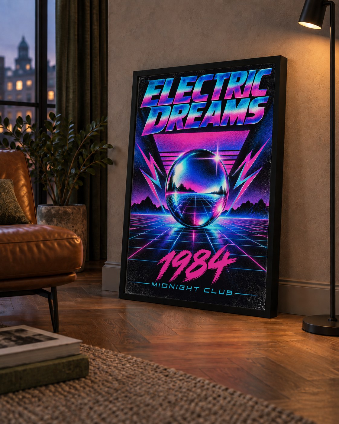 Retro Fütüristik Synthwave Afişi – Electric Dreams 1984 — çerçeveli hâliyle bir ev duvarında