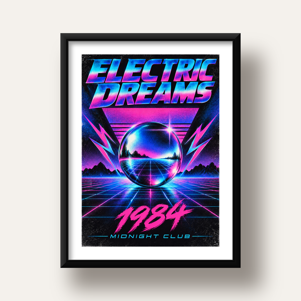 Retro Fütüristik Synthwave Afişi – Electric Dreams 1984 — siyah derin çerçeveli paspartulu