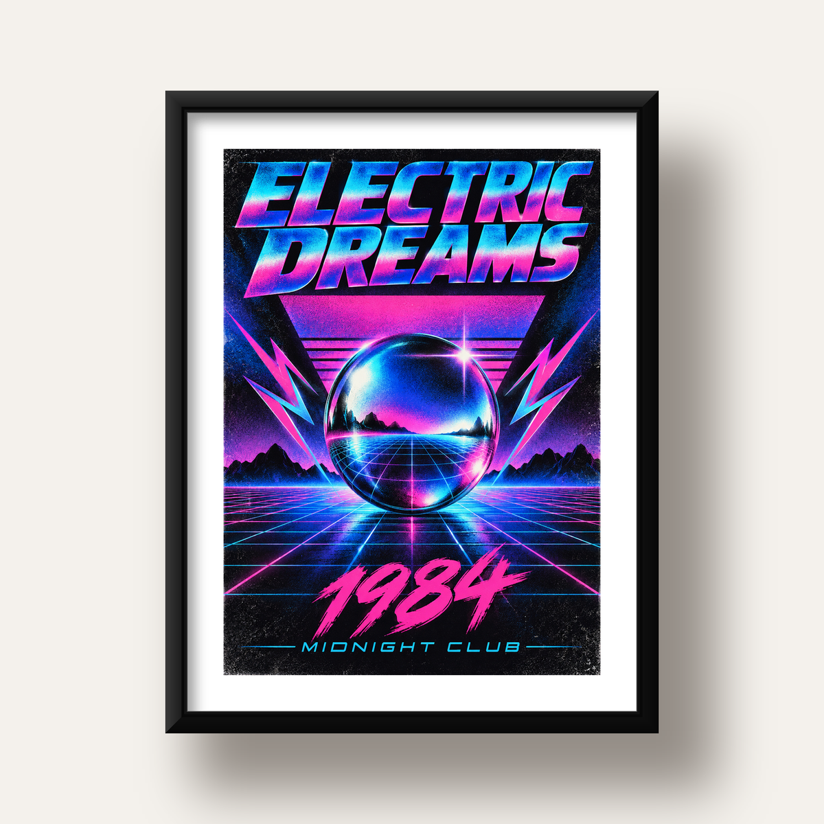 Retro Fütüristik Synthwave Afişi – Electric Dreams 1984 — siyah derin çerçeveli paspartulu