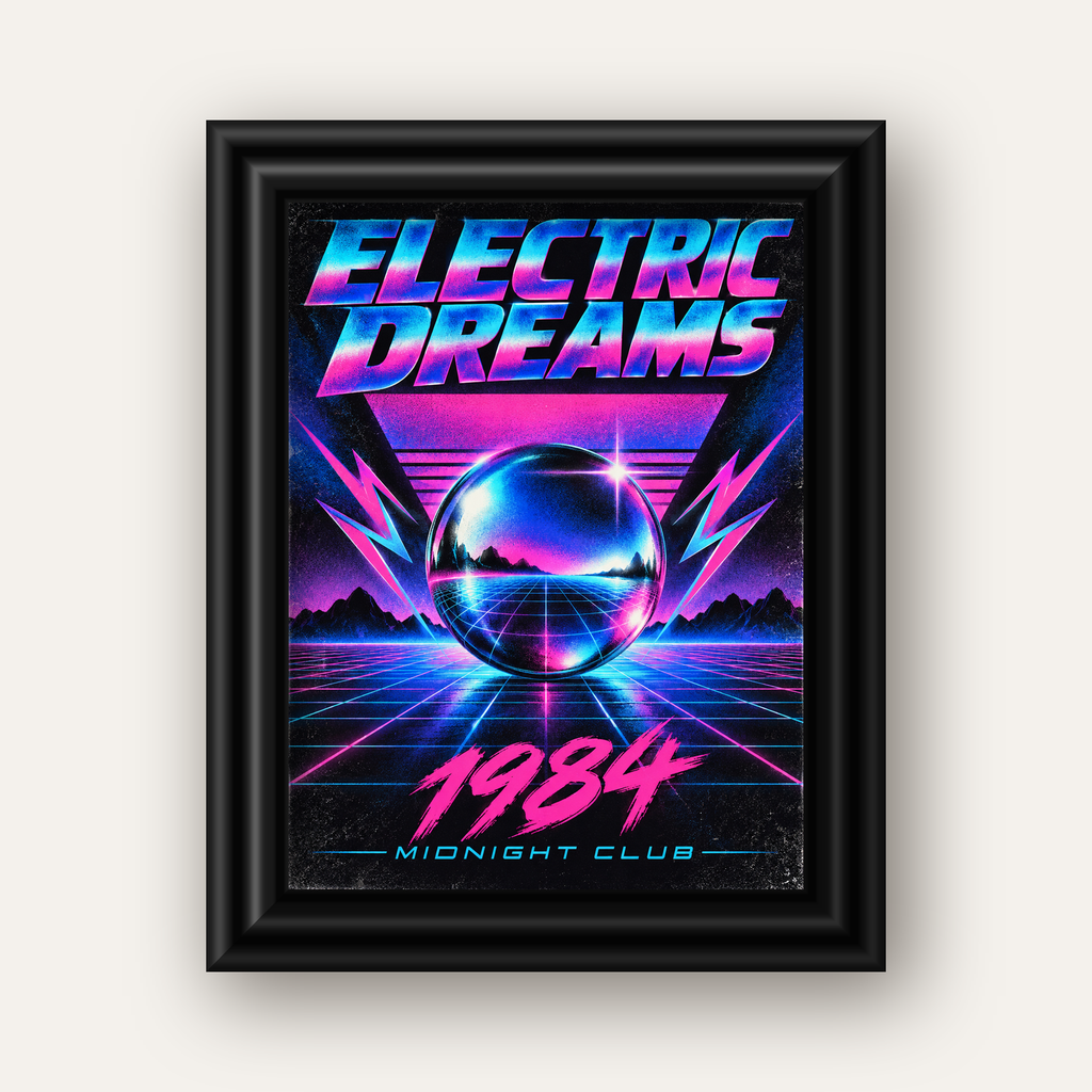 Retro Fütüristik Synthwave Afişi – Electric Dreams 1984 — siyah galeri çerçeveli