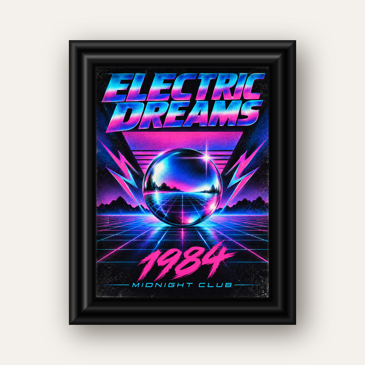Retro Fütüristik Synthwave Afişi – Electric Dreams 1984 — siyah galeri çerçeveli