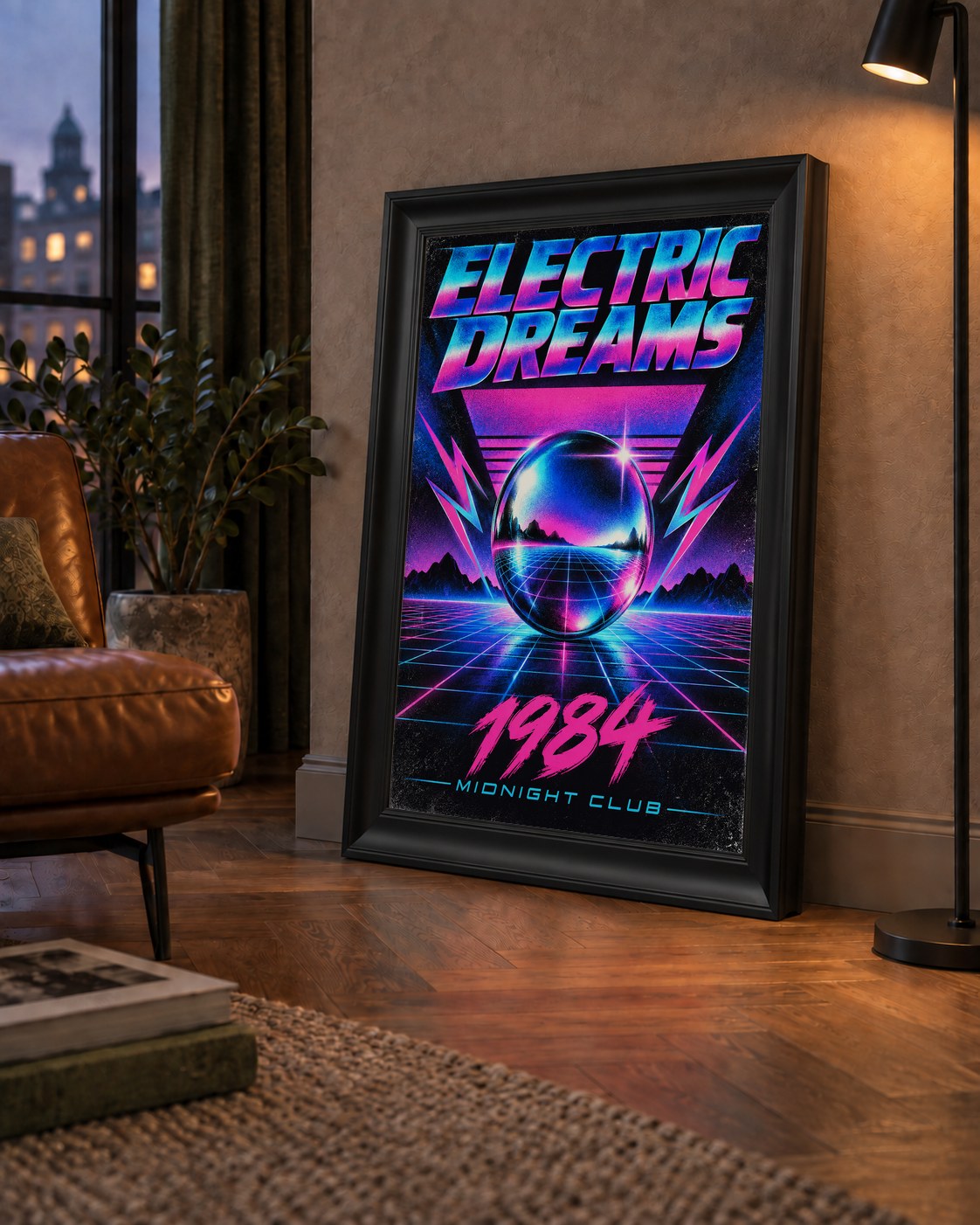 Retro Fütüristik Synthwave Afişi – Electric Dreams 1984 — çerçeveli hâliyle bir ev duvarında