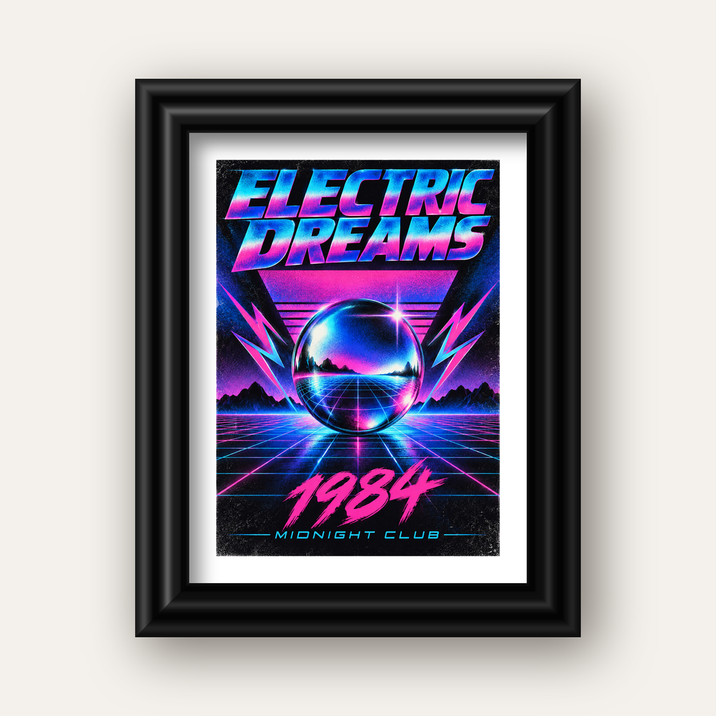 Retro Fütüristik Synthwave Afişi – Electric Dreams 1984 — siyah galeri çerçeveli paspartulu