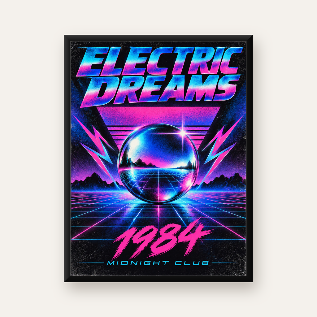Retro Fütüristik Synthwave Afişi – Electric Dreams 1984 — Dikey baskı, düz siyah çerçeveli duvar posteri