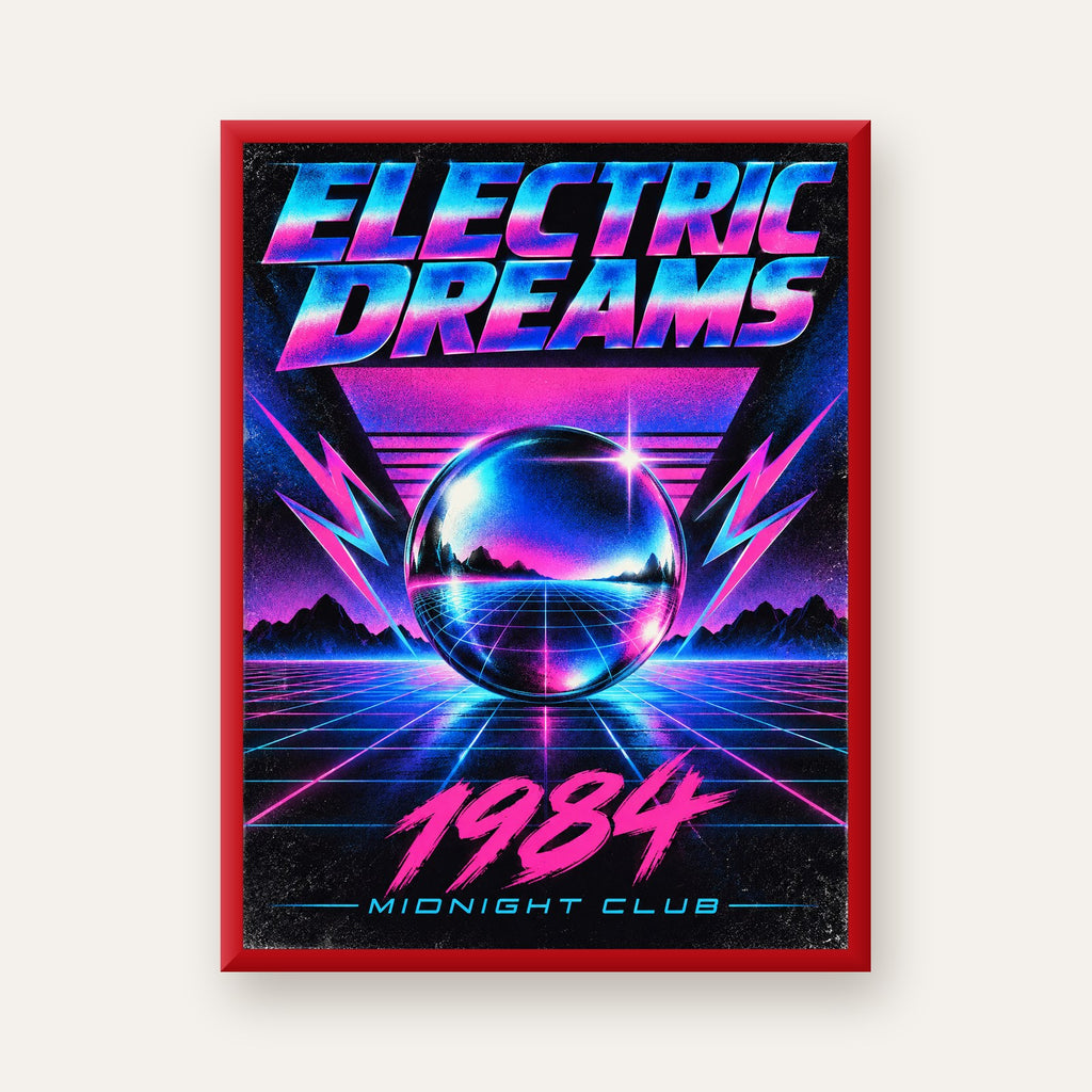 Retro Fütüristik Synthwave Afişi – Electric Dreams 1984 — kırmızı çerçeveli