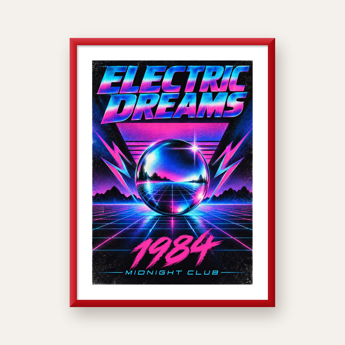 Retro Fütüristik Synthwave Afişi – Electric Dreams 1984 — kırmızı çerçeveli paspartulu
