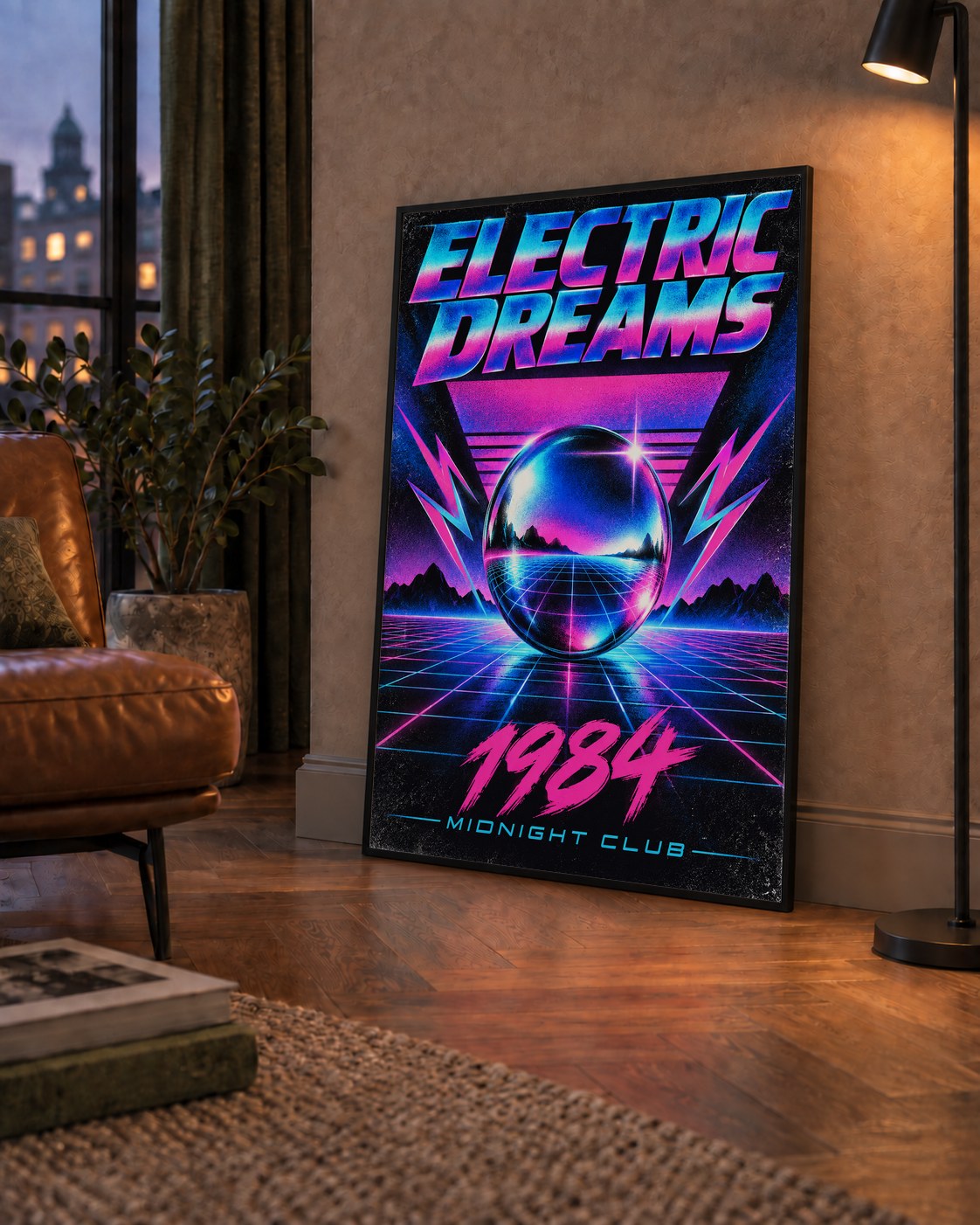 Retro Fütüristik Synthwave Afişi – Electric Dreams 1984 — çerçeveli hâliyle bir ev duvarında