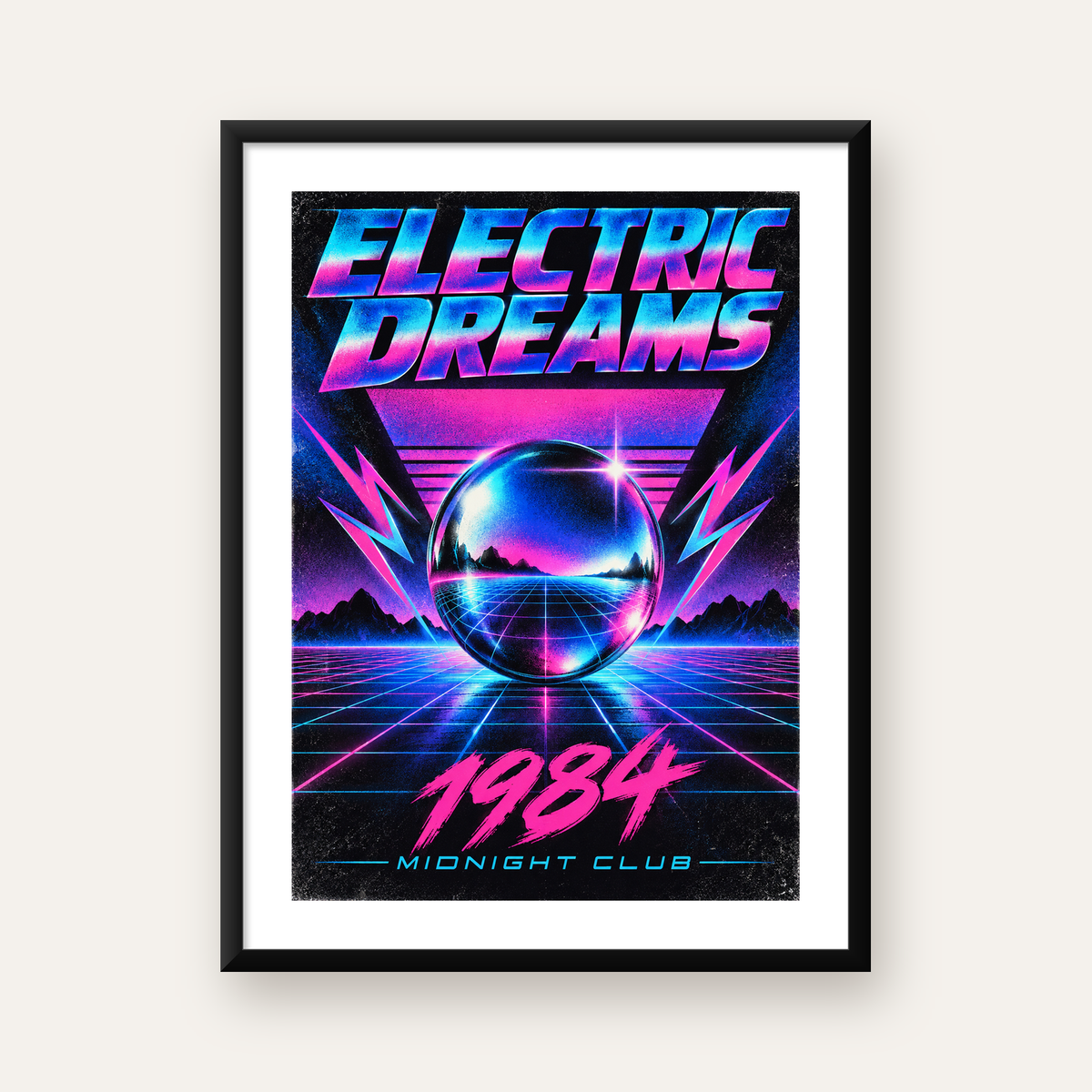 Retro Fütüristik Synthwave Afişi – Electric Dreams 1984 — Dikey baskı, beyaz paspartulu
