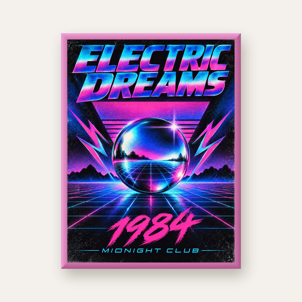 Retro Fütüristik Synthwave Afişi – Electric Dreams 1984 — pembe çerçeveli