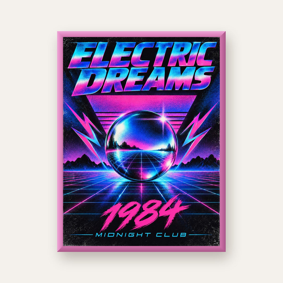 Retro Fütüristik Synthwave Afişi – Electric Dreams 1984 — pembe çerçeveli