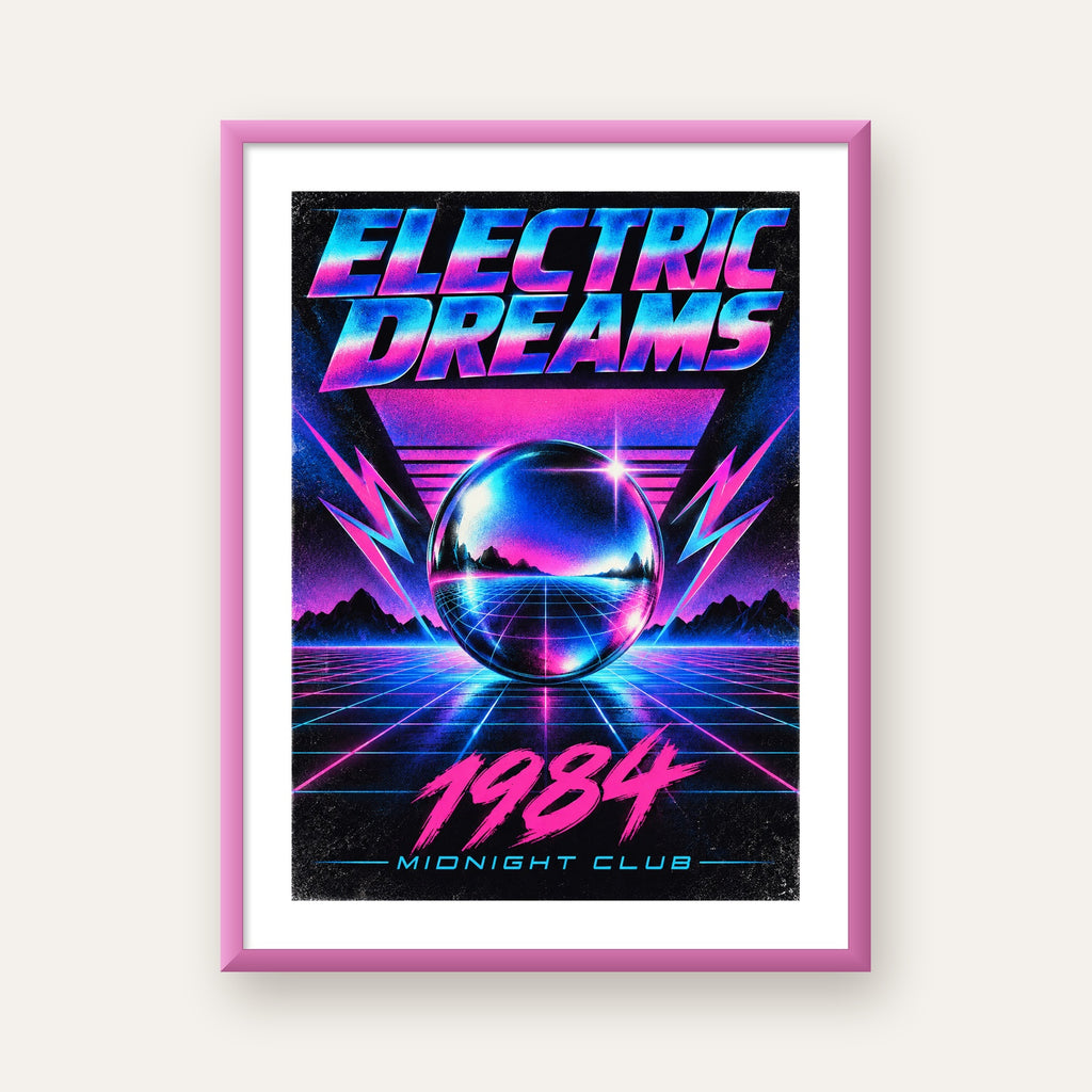 Retro Fütüristik Synthwave Afişi – Electric Dreams 1984 — pembe çerçeveli paspartulu
