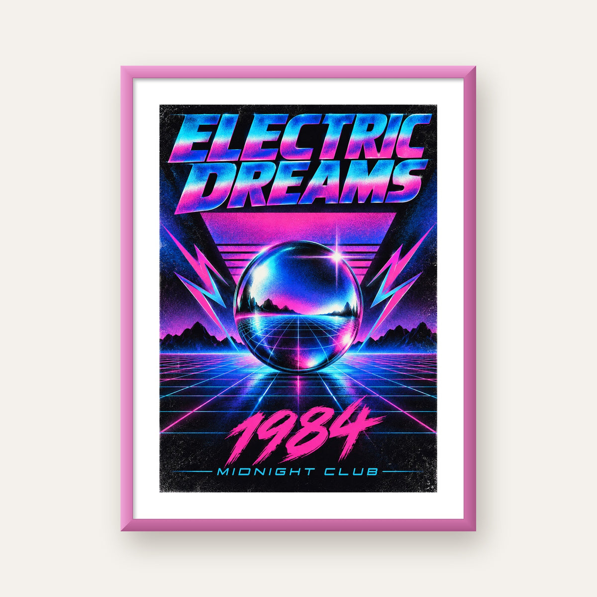Retro Fütüristik Synthwave Afişi – Electric Dreams 1984 — pembe çerçeveli paspartulu