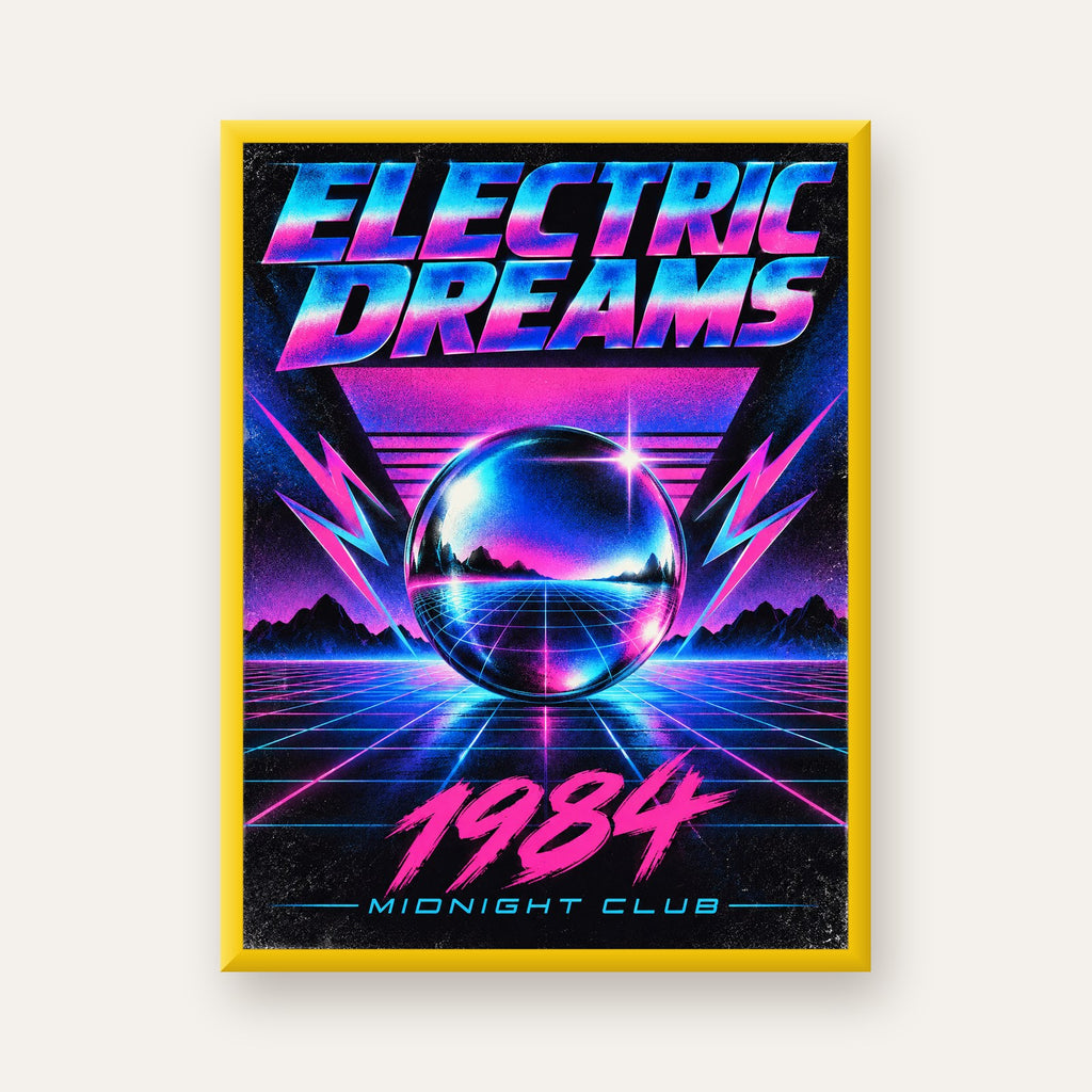 Retro Fütüristik Synthwave Afişi – Electric Dreams 1984 — sarı çerçeveli