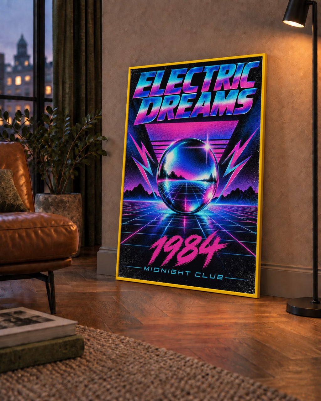 Retro Fütüristik Synthwave Afişi – Electric Dreams 1984 — çerçeveli hâliyle bir ev duvarında