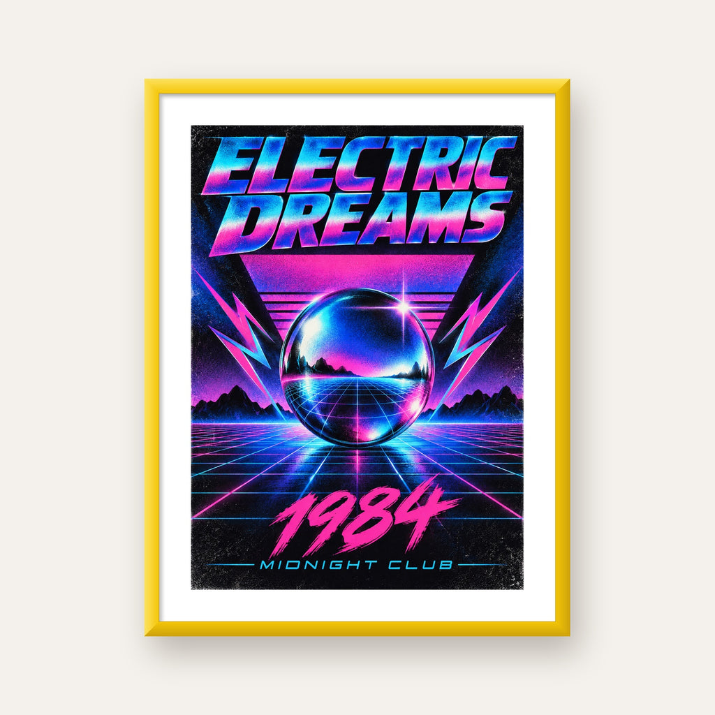 Retro Fütüristik Synthwave Afişi – Electric Dreams 1984 — sarı çerçeveli paspartulu