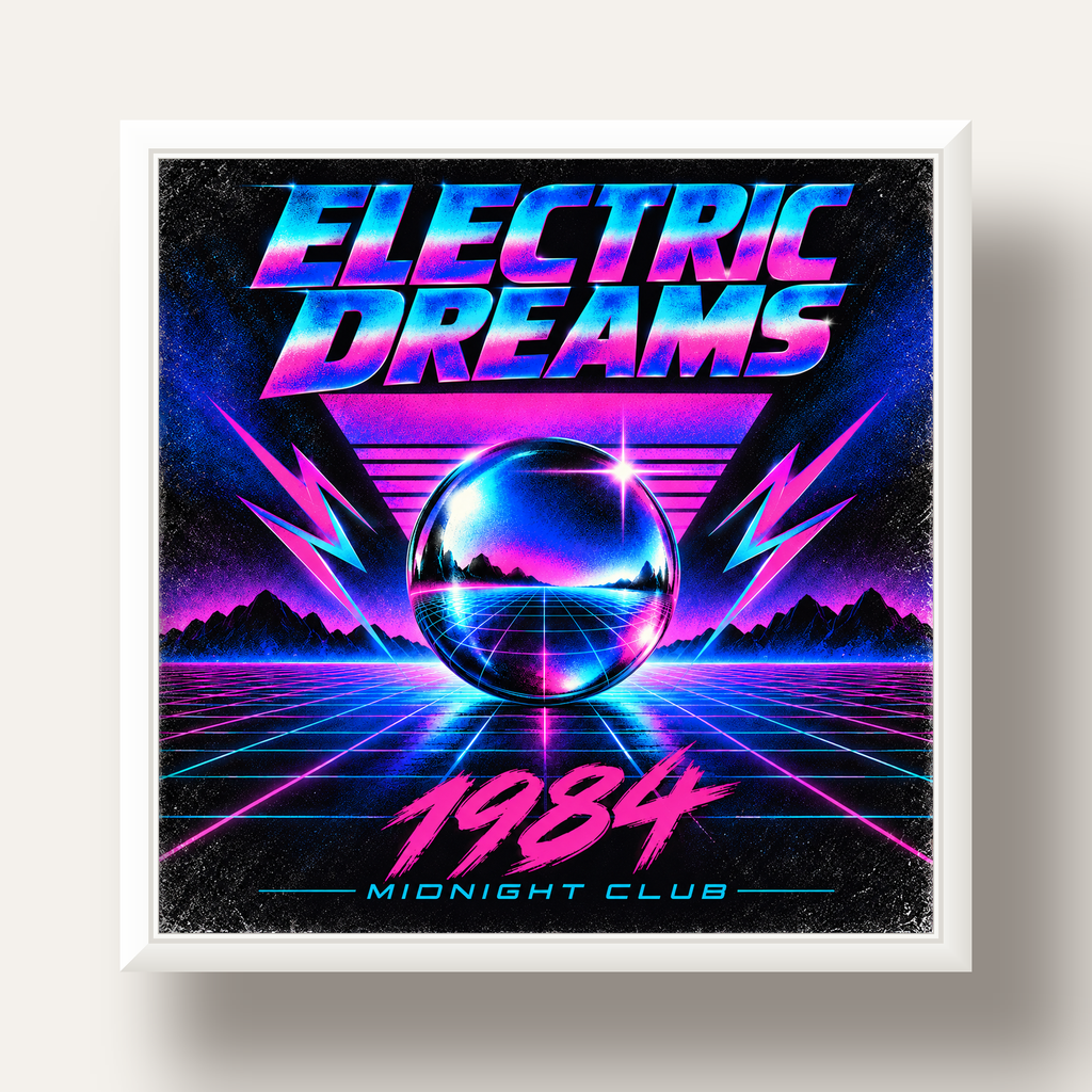 Retro Fütüristik Synthwave Afişi – Electric Dreams 1984 — beyaz derin çerçeveli