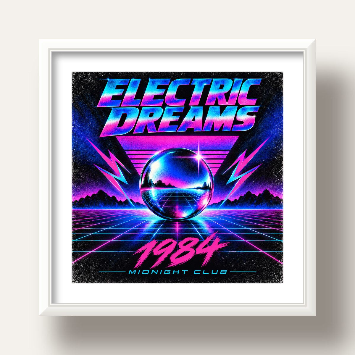 Retro Fütüristik Synthwave Afişi – Electric Dreams 1984 — beyaz derin çerçeveli paspartulu