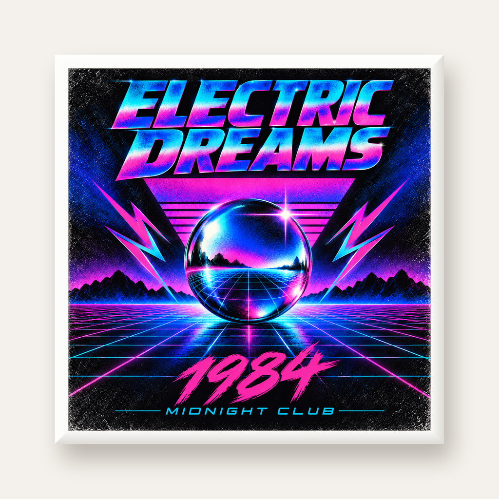 Retro Fütüristik Synthwave Afişi – Electric Dreams 1984 — beyaz çerçeveli kare poster