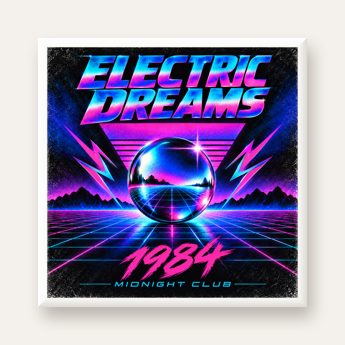 Retro Fütüristik Synthwave Afişi – Electric Dreams 1984 — beyaz çerçeveli kare poster