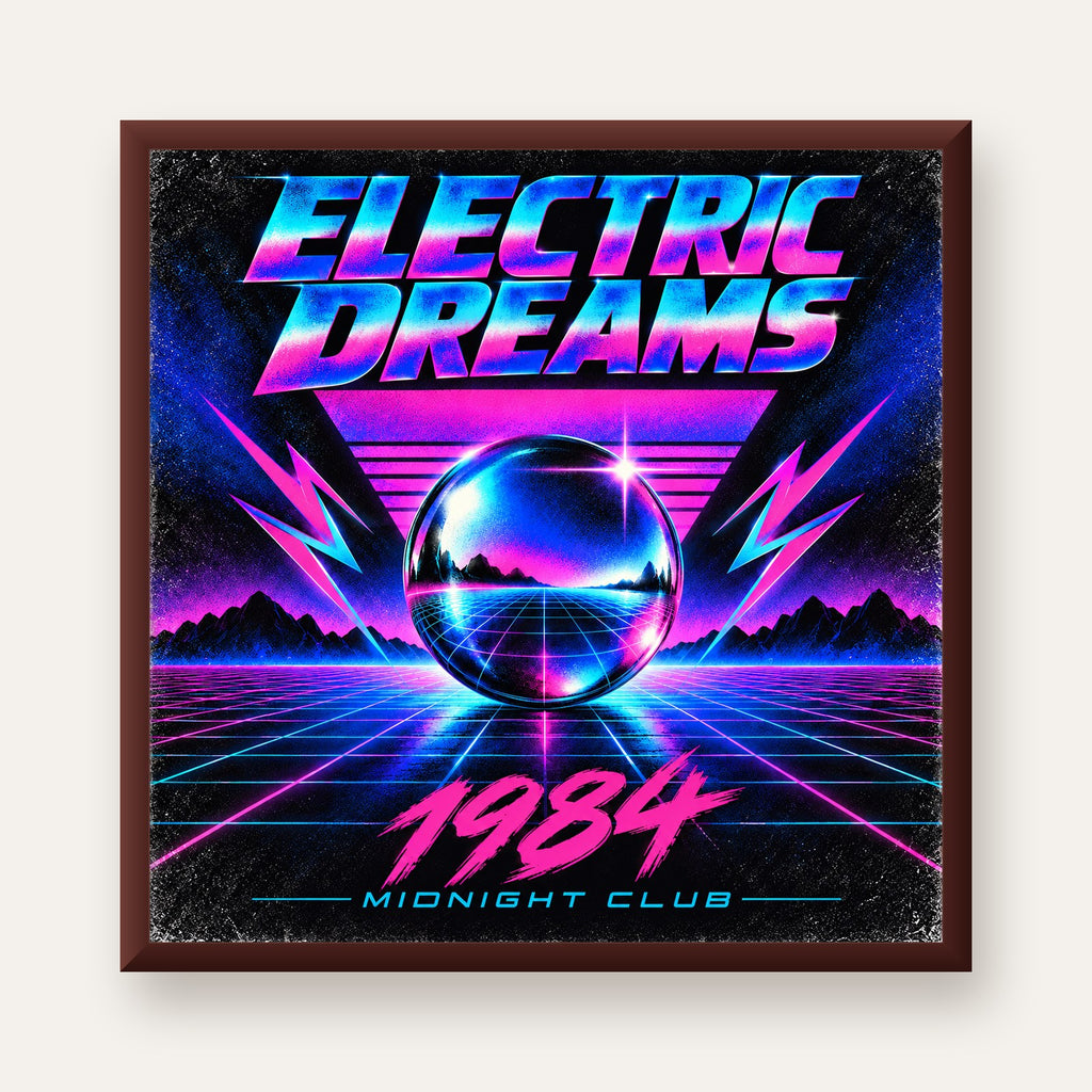 Retro Fütüristik Synthwave Afişi – Electric Dreams 1984 — ceviz çerçeveli