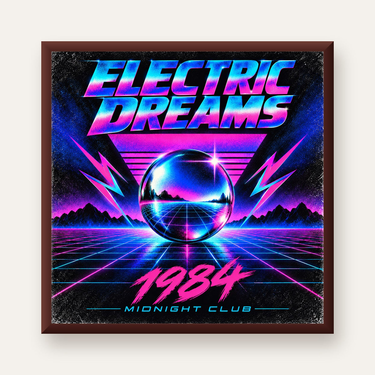 Retro Fütüristik Synthwave Afişi – Electric Dreams 1984 — ceviz çerçeveli