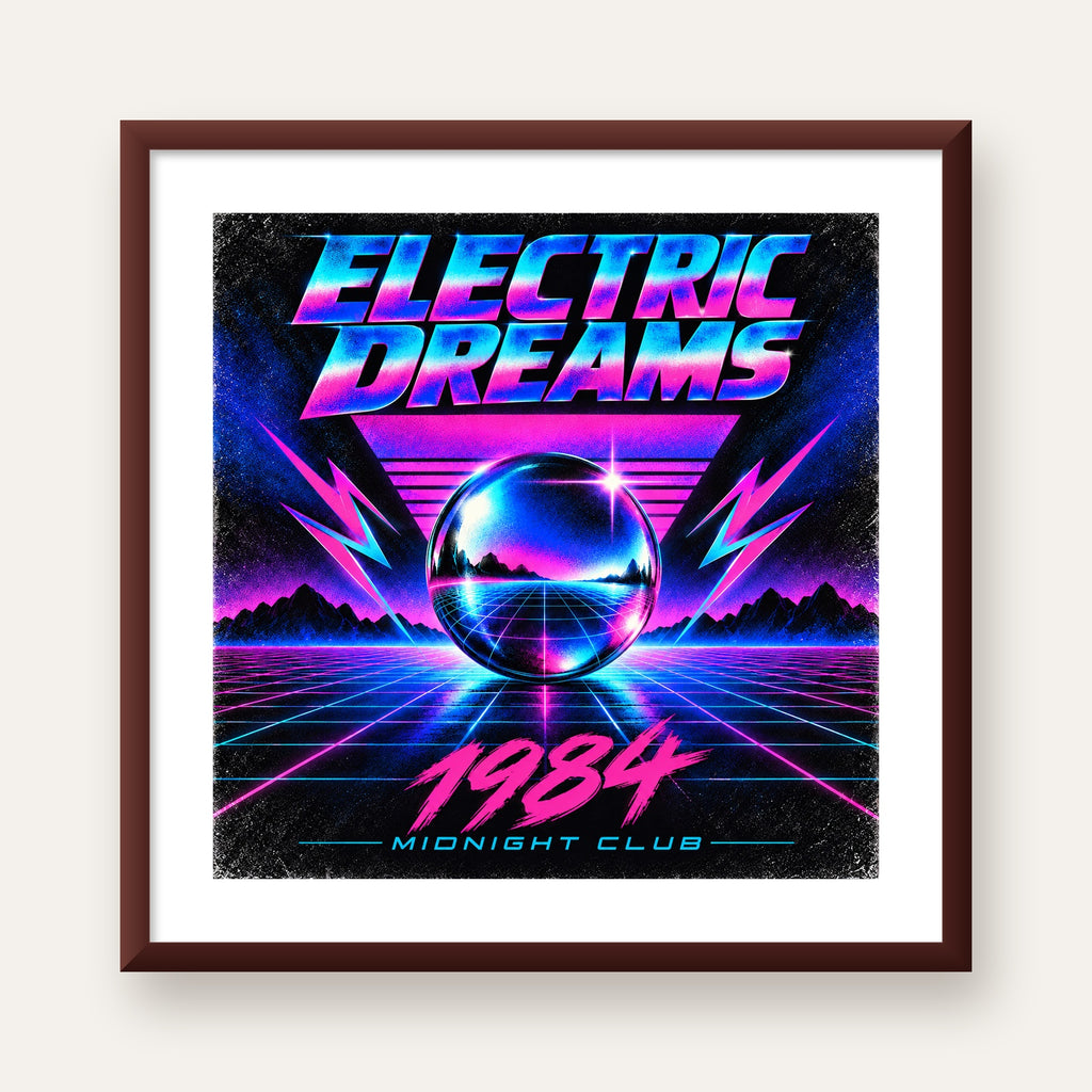 Retro Fütüristik Synthwave Afişi – Electric Dreams 1984 — ceviz çerçeveli paspartulu