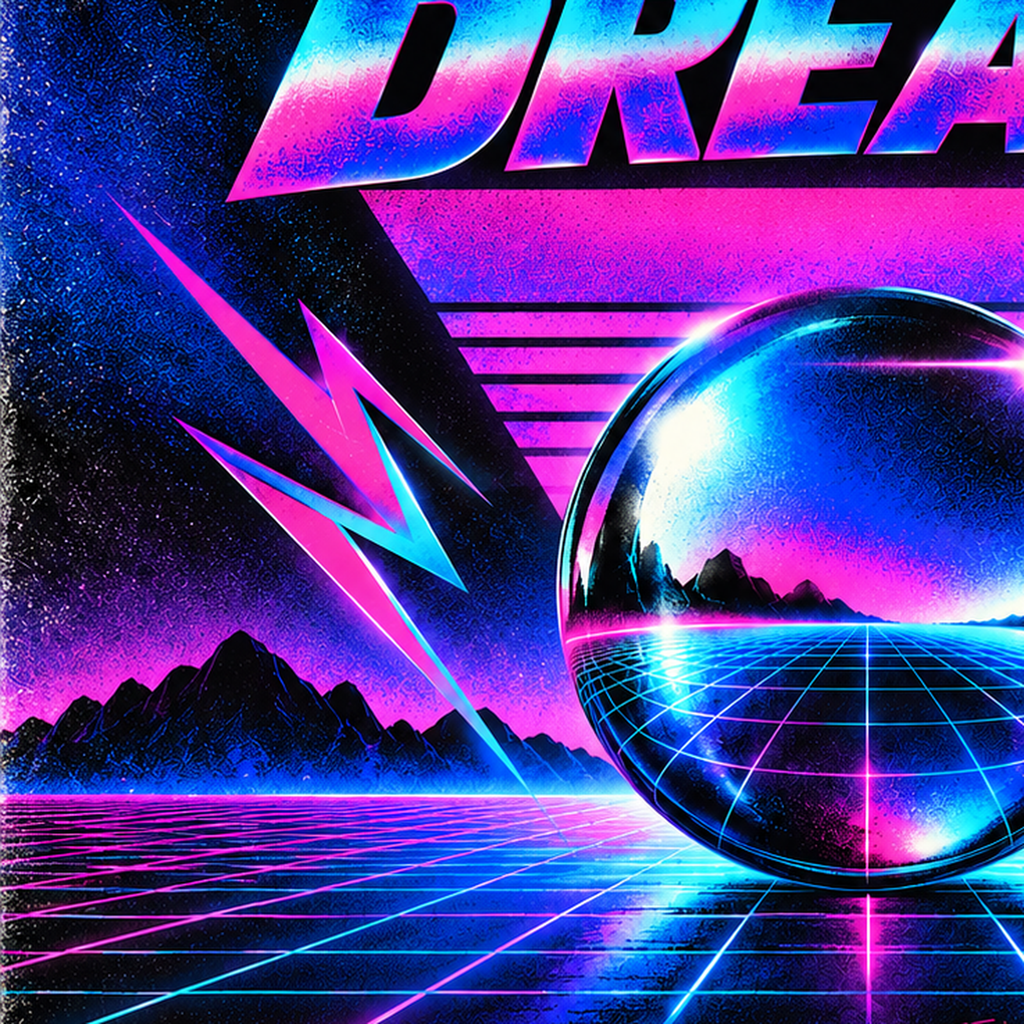 Retro Fütüristik Synthwave Afişi – Electric Dreams 1984 — baskının yakın çekimi, kâğıt dokusu ve renk detayı