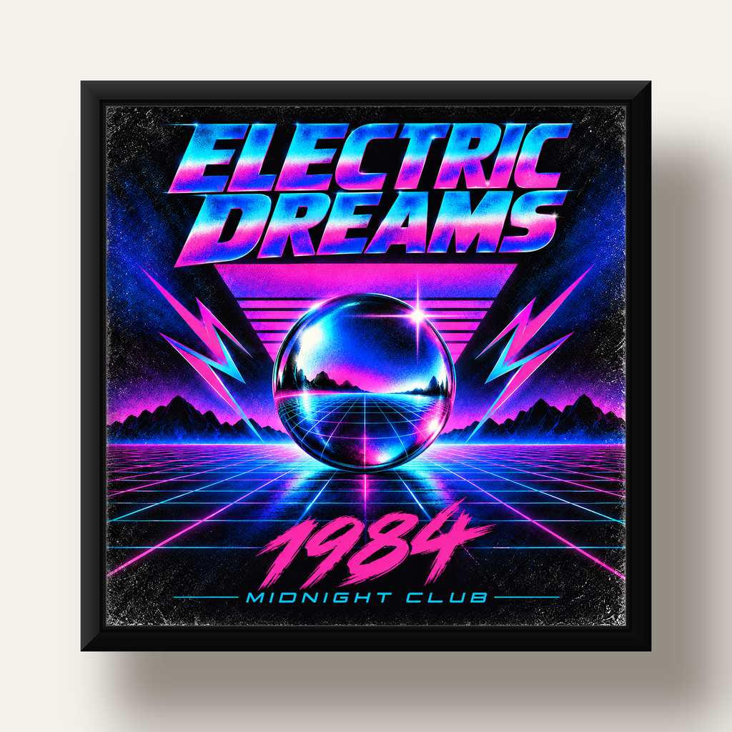 Retro Fütüristik Synthwave Afişi – Electric Dreams 1984 — siyah derin çerçeveli