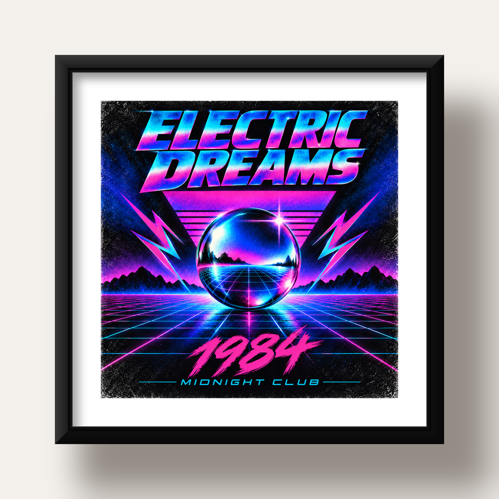 Retro Fütüristik Synthwave Afişi – Electric Dreams 1984 — siyah derin çerçeveli paspartulu